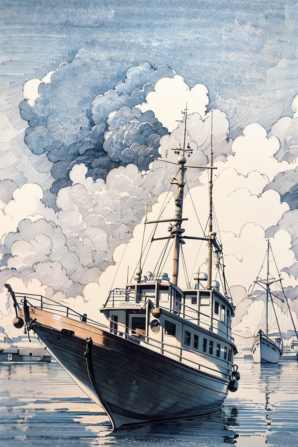 03158-2701100837-cloud, watercraft, boat, sky, cloudy sky, outdoors, water, scenery, no humans, traditional media, ocean,monochrome_lora_Pen Draw.png